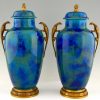 Pair of Art Deco blue ceramic and bronze vases