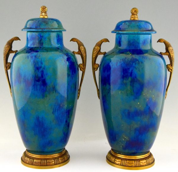 Pair of Art Deco blue ceramic and bronze vases