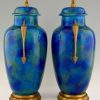 Pair of Art Deco blue ceramic and bronze vases