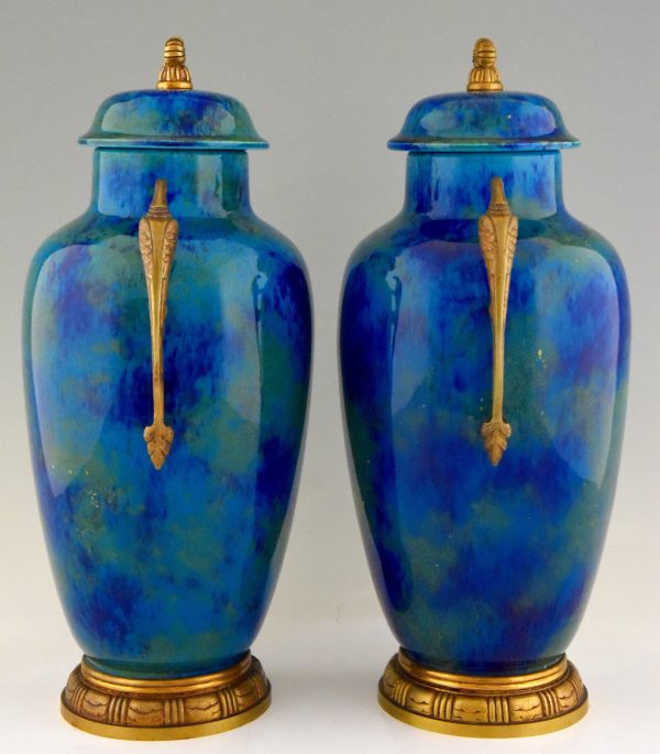 Pair of Art Deco blue ceramic and bronze vases