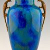 Pair of Art Deco blue ceramic and bronze vases