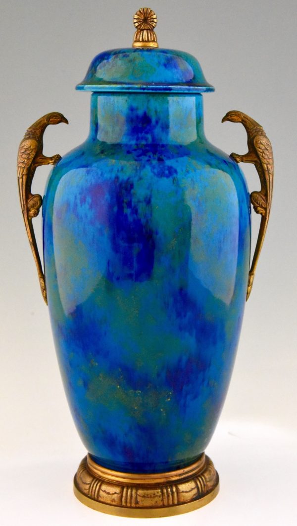 Pair of Art Deco blue ceramic and bronze vases