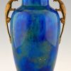 Pair of Art Deco blue ceramic and bronze vases