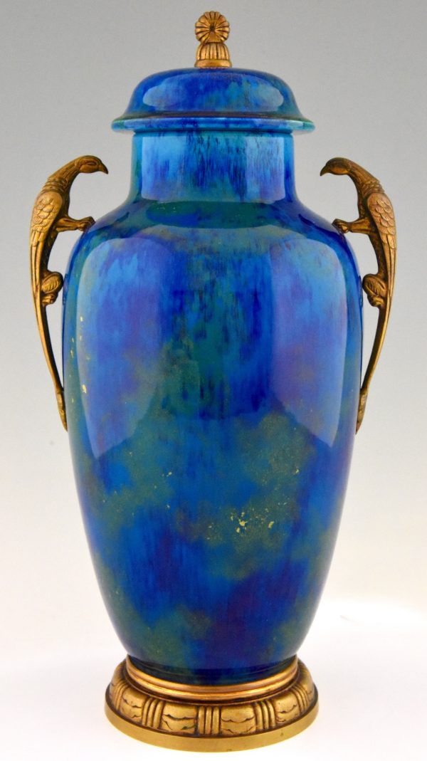 Pair of Art Deco blue ceramic and bronze vases