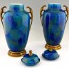 Pair of Art Deco blue ceramic and bronze vases