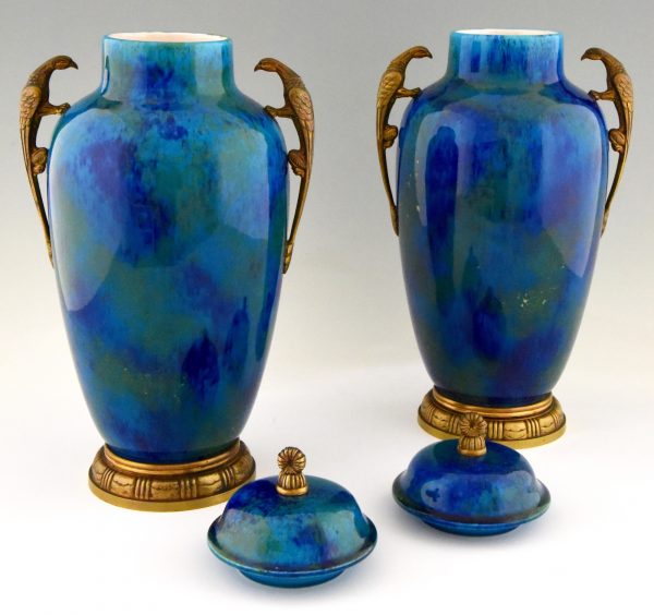 Pair of Art Deco blue ceramic and bronze vases