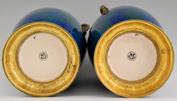 Pair of Art Deco blue ceramic and bronze vases