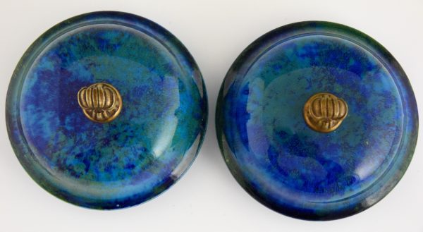 Pair of Art Deco blue ceramic and bronze vases