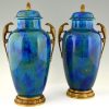 Pair of Art Deco blue ceramic and bronze vases