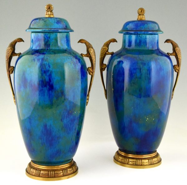 Pair of Art Deco blue ceramic and bronze vases