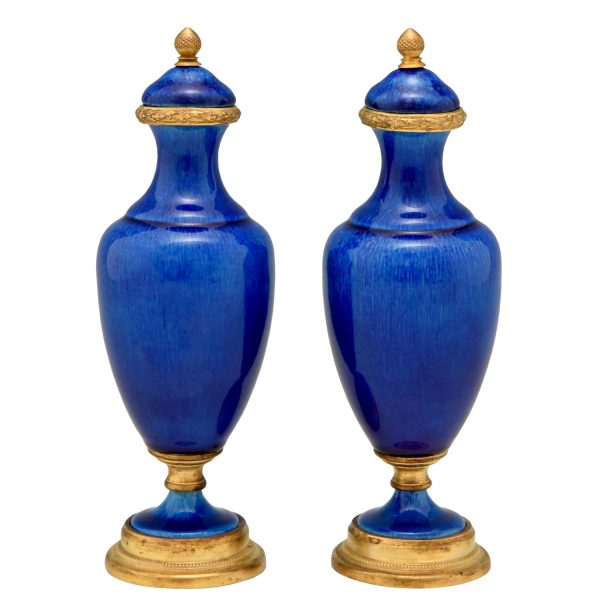 Pair of blue ceramic and bronze vases or urns