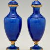 Pair of blue ceramic and bronze vases or urns