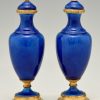 Pair of blue ceramic and bronze vases or urns