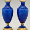 Pair of blue ceramic and bronze vases or urns