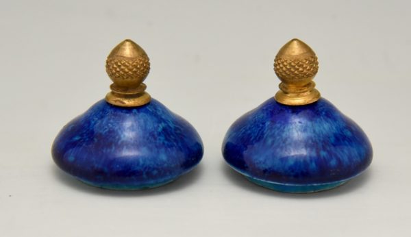 Pair of blue ceramic and bronze vases or urns