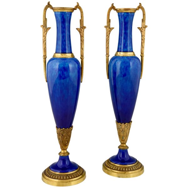 Antique pair of vases blue ceramic and bronze