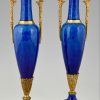 Antique pair of vases blue ceramic and bronze