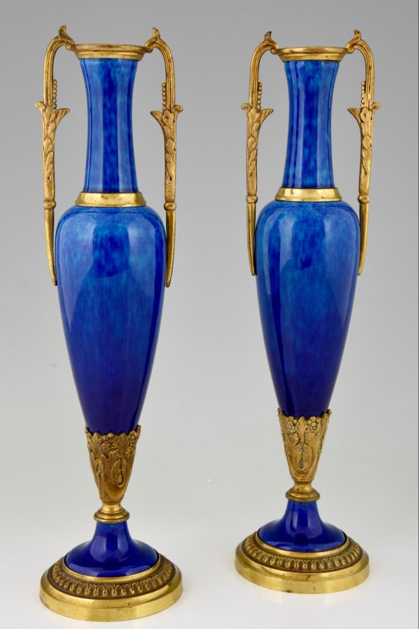 Antique pair of vases blue ceramic and bronze
