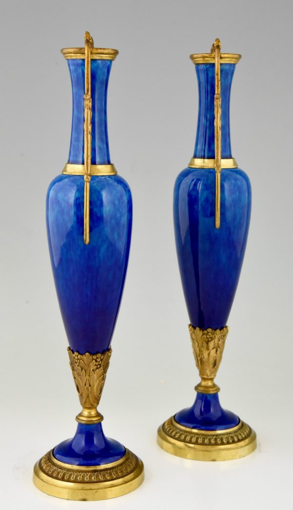 Antique pair of vases blue ceramic and bronze