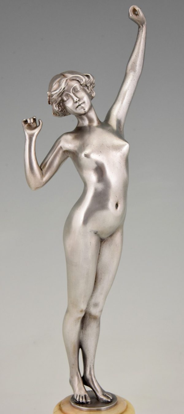 Art Deco bronzen sculptuur naakte vrouw Le reveil