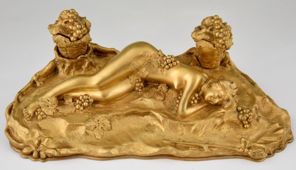 Art Nouveau bronze inkstand with reclining nude