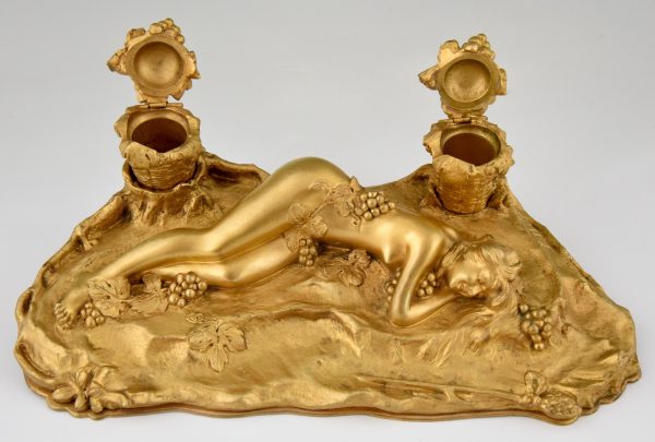 Art Nouveau bronze inkstand with reclining nude