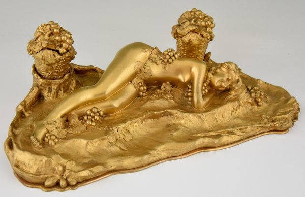 Art Nouveau bronze inkstand with reclining nude