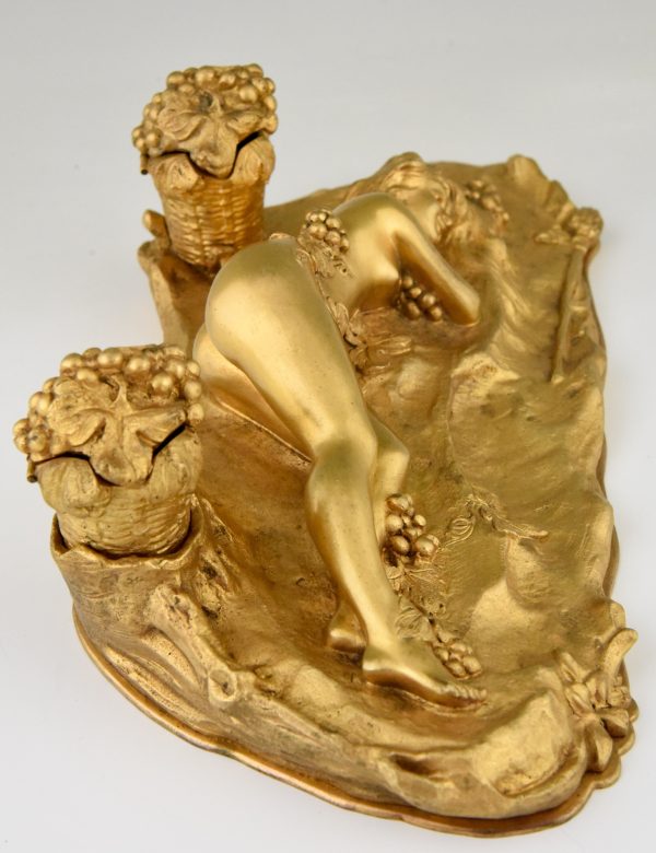 Art Nouveau bronze inkstand with reclining nude