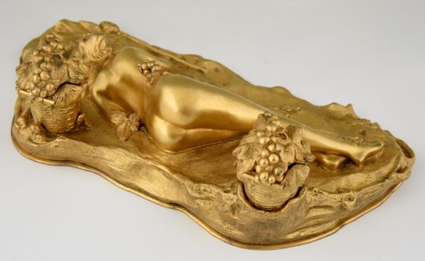 Art Nouveau bronze inkstand with reclining nude