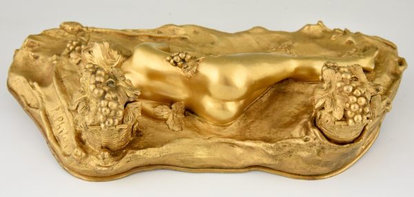 Art Nouveau bronze inkstand with reclining nude