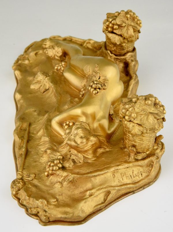 Art Nouveau bronze inkstand with reclining nude