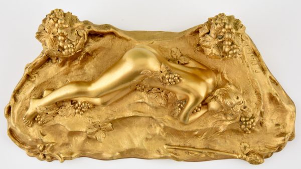 Art Nouveau bronze inkstand with reclining nude