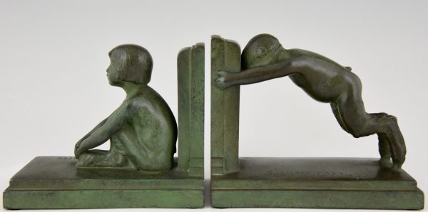 Art Deco bronze bookends boy and girl satyr