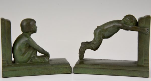 Art Deco bronze bookends boy and girl satyr