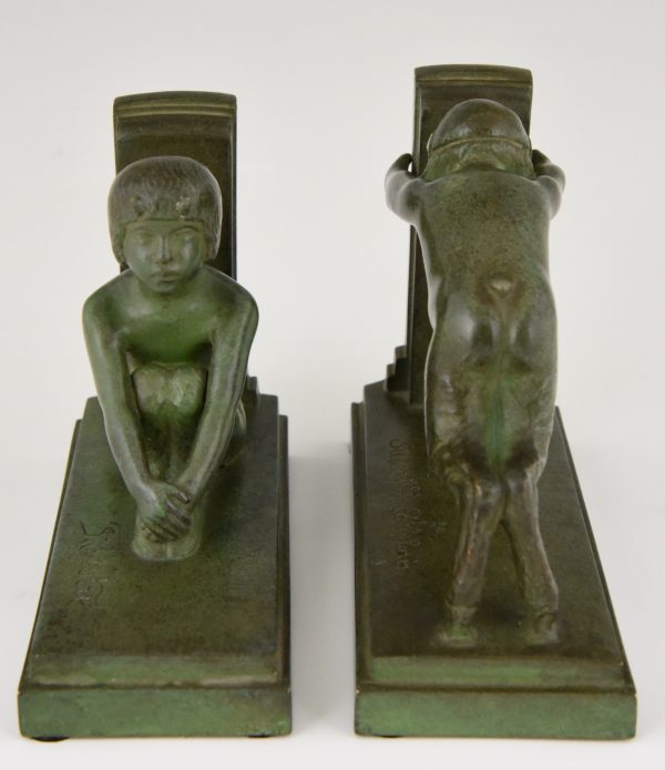 Art Deco bronze bookends boy and girl satyr