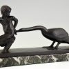 Art Deco bronze sculpture young satyr with geese