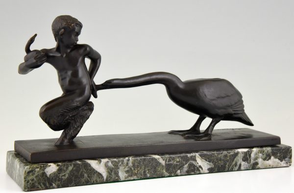 Art Deco bronze sculpture young satyr with geese