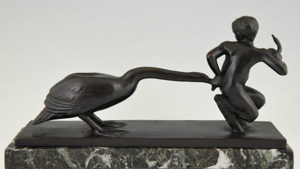 Art Deco bronze sculpture young satyr with geese