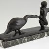 Sculpture Art Deco en bronzen satyre avec oies