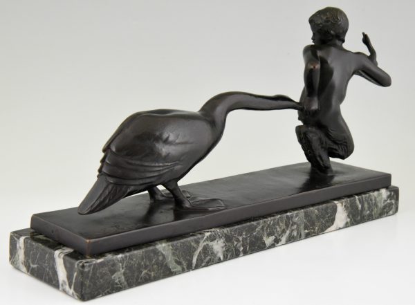 Art Deco bronze sculpture young satyr with geese