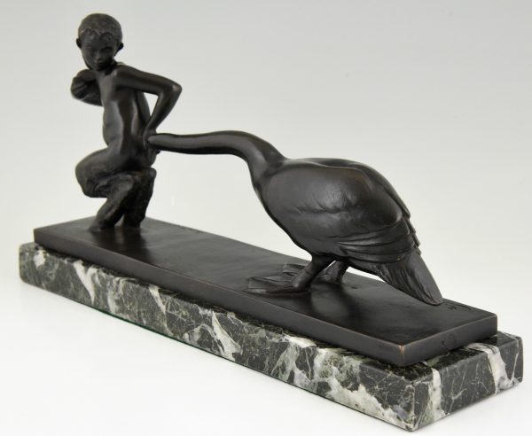 Sculpture Art Deco en bronzen satyre avec oies