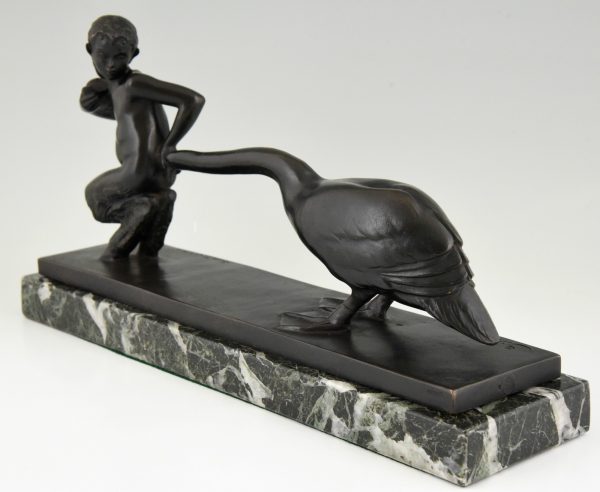 Art Deco bronze sculpture young satyr with geese