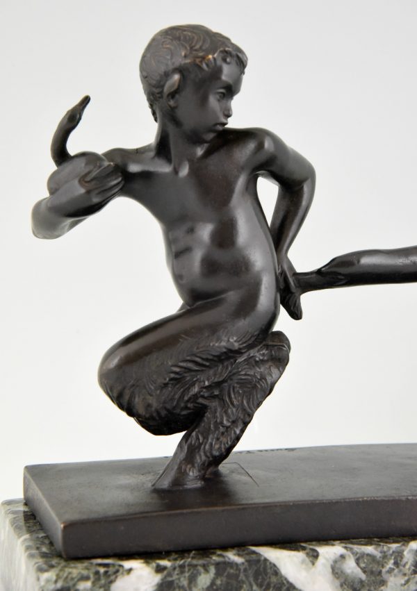 Art Deco bronze sculpture young satyr with geese