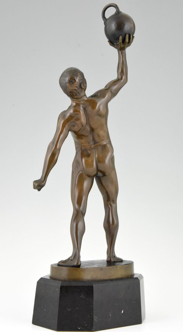 Antique bronze sculpture male nude weightlifter