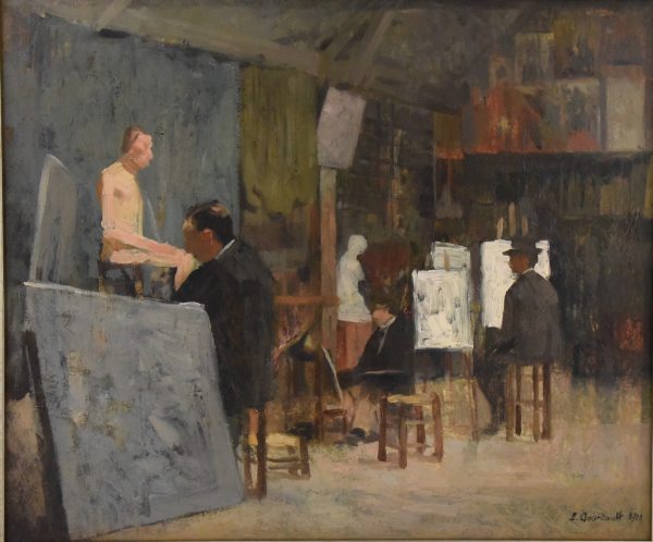 French painting of artists in a painting class or workshop