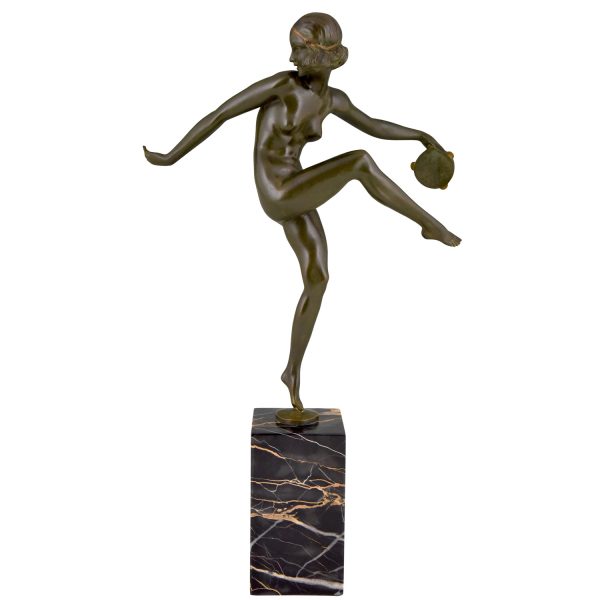 Art Deco bronzen sculptuur danseres, naakt met tamboerijn