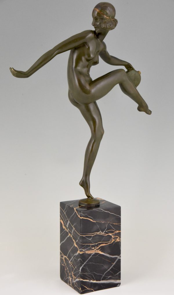 Art Deco bronzen sculptuur danseres, naakt met tamboerijn