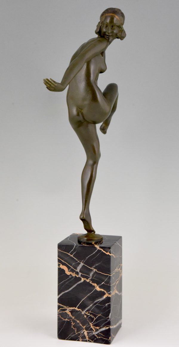 Art Deco bronzen sculptuur danseres, naakt met tamboerijn