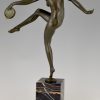 Art Deco bronzen sculptuur danseres, naakt met tamboerijn