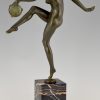 Art Deco bronzen sculptuur danseres, naakt met tamboerijn